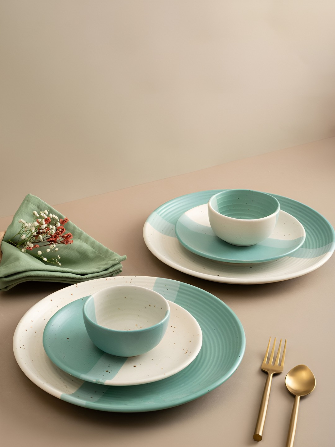 URBAN SPACE Hand Crafted Sea Green Geometric Ceramic Dishwasher and Microwave Safe 6 Piece Dinner Set