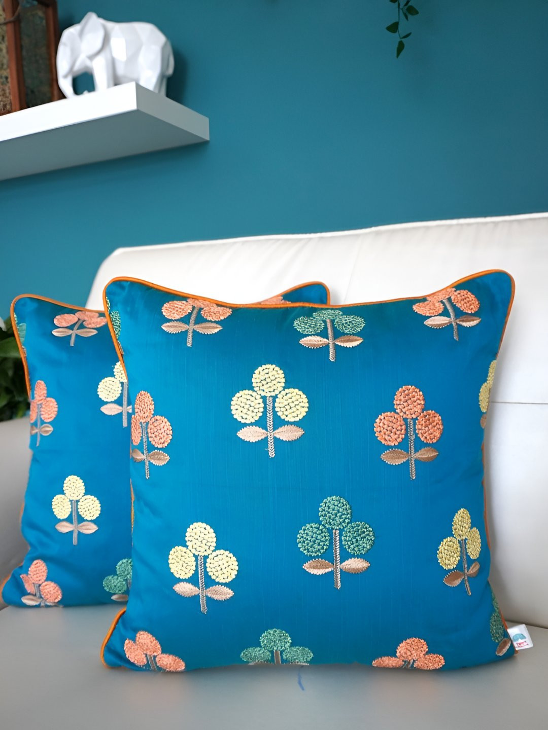 TARA- Sparkling Homes Blue & Green Set of 2 Embroidered Square Cushion Covers