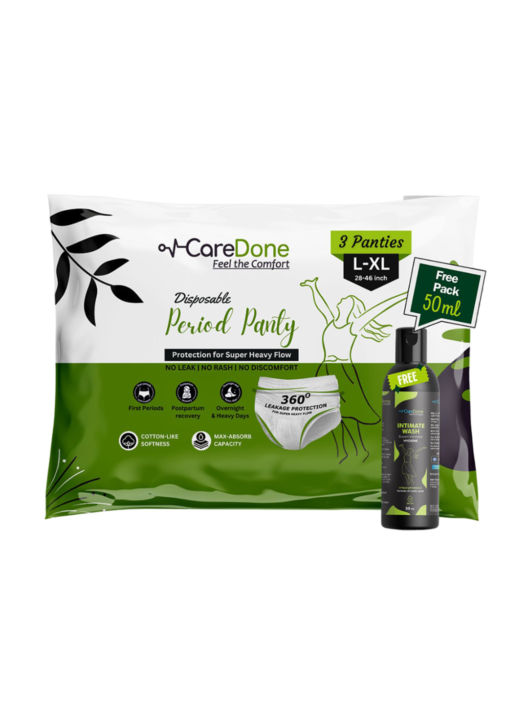 CareDone Pack of 3 Disposable Cotton Period Panties With Intimate Gel - L+50ml
