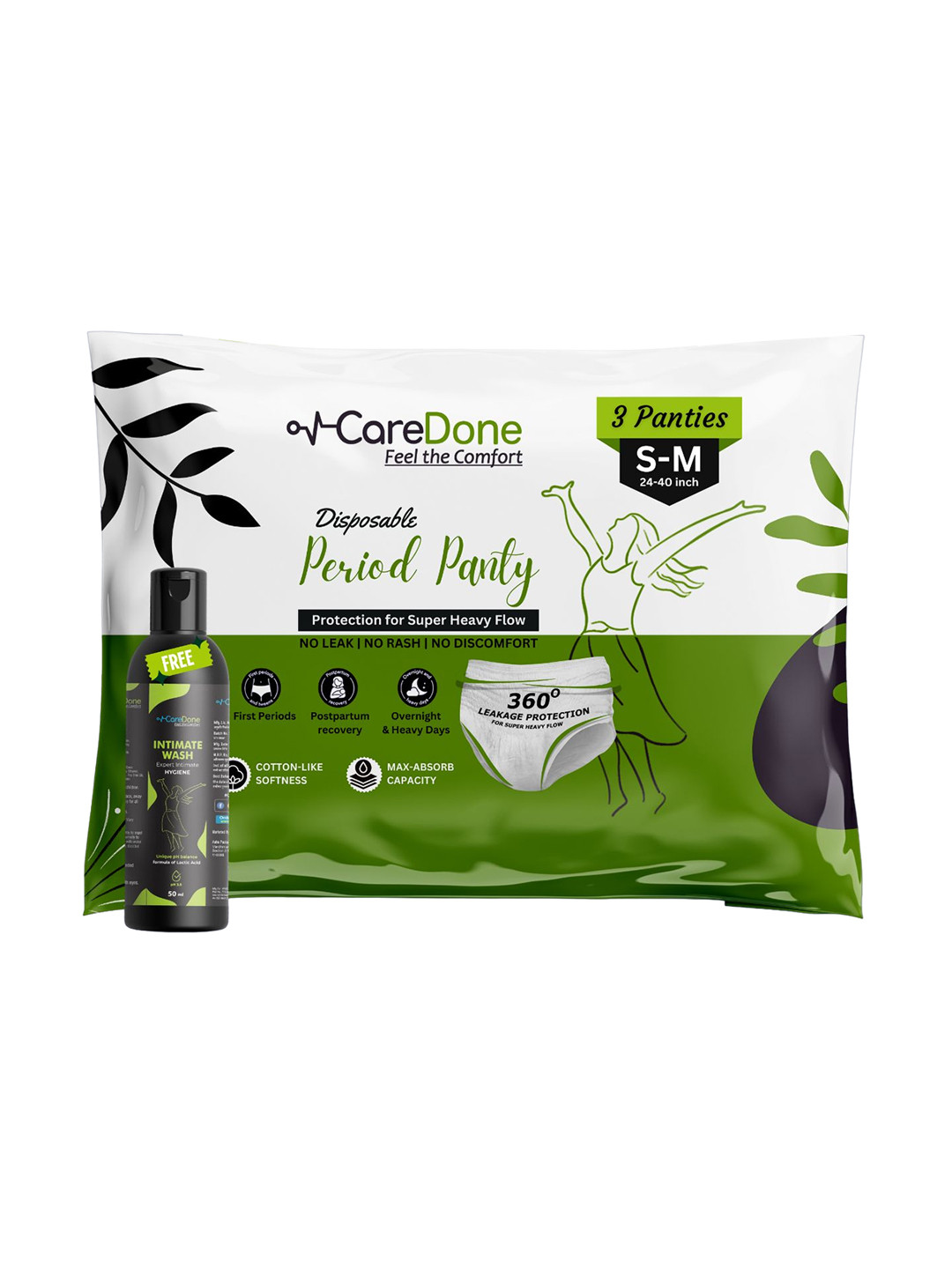CareDone Leak Proof Disposable Period Panties Size S-M - 3Pcs with Free Intimate Wash 50ml