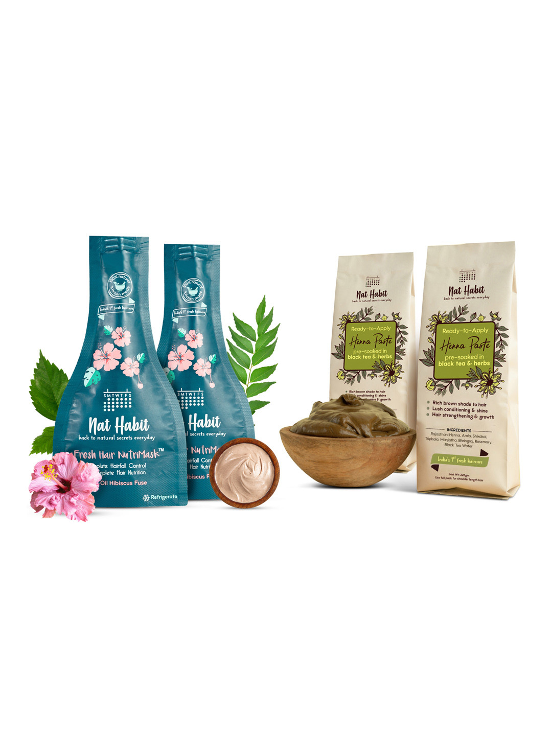 Nat Habit 2Pcs Five Oil Hibiscus Hair NutriMask 40g Each & 2Pcs Henna Paste 220g Each