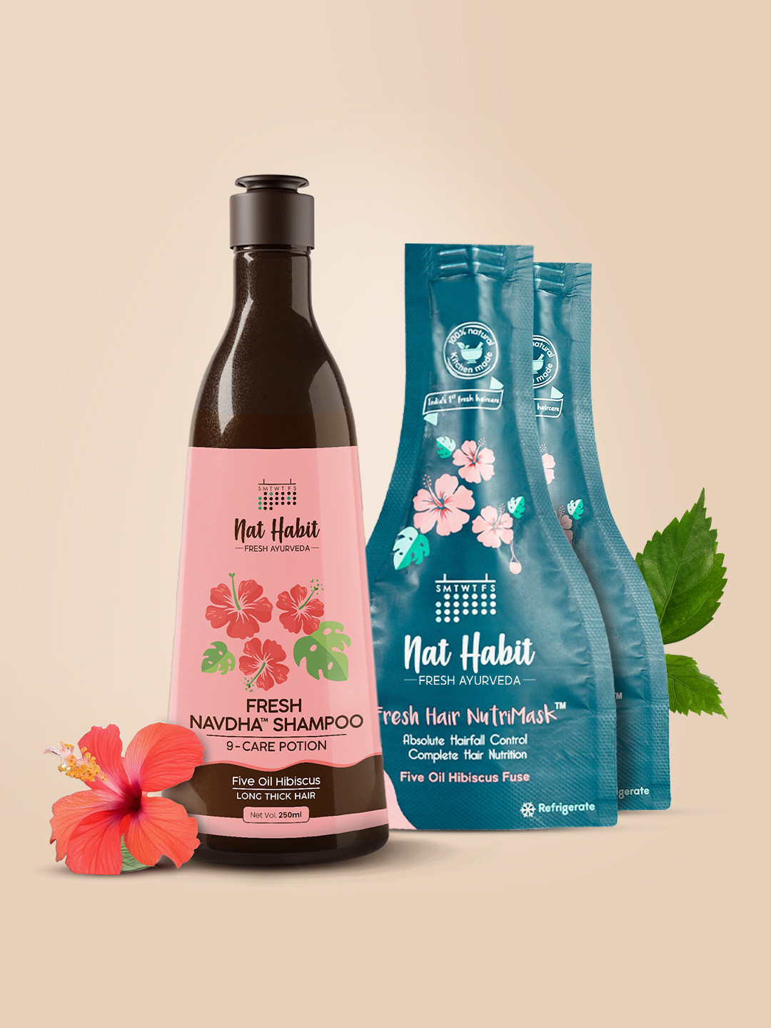 Nat Habit Five Oil Hibiscus Fresh Navdha Shampoo 250ml & Set Of 2 Hair NutriMask 40g Each