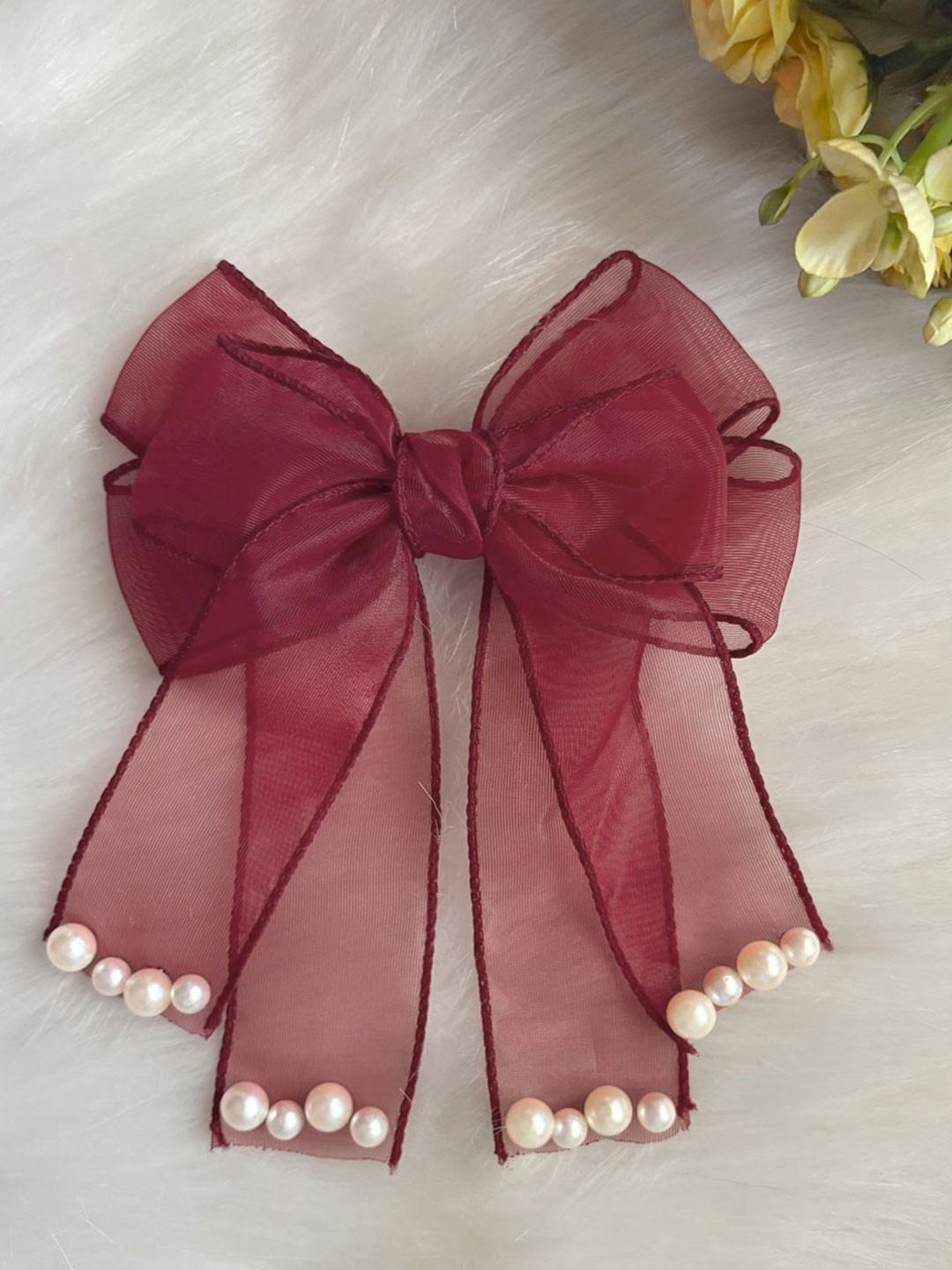 Majestique Set of 1 Red Hair Ribbon Pearl s Embellished  Alligator Clip