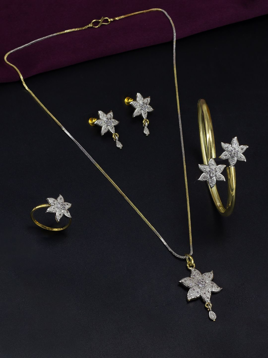 PRIVIU Gold-Plated American Diamond-Studded Jewellery Set