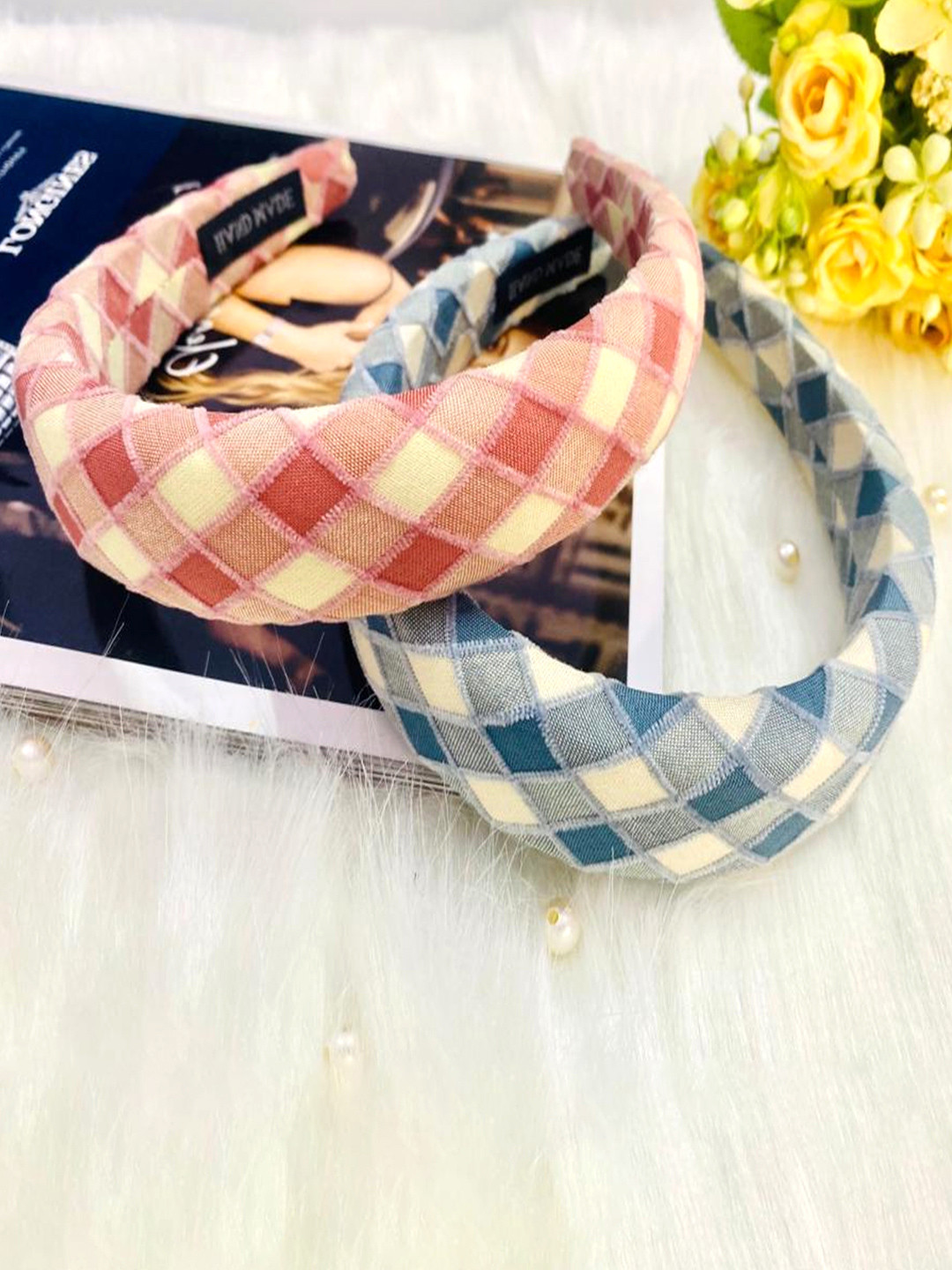 Majestique Set of 2 Padded & Wide Puffy Sponge Check Printed Hair Accessories Headbands