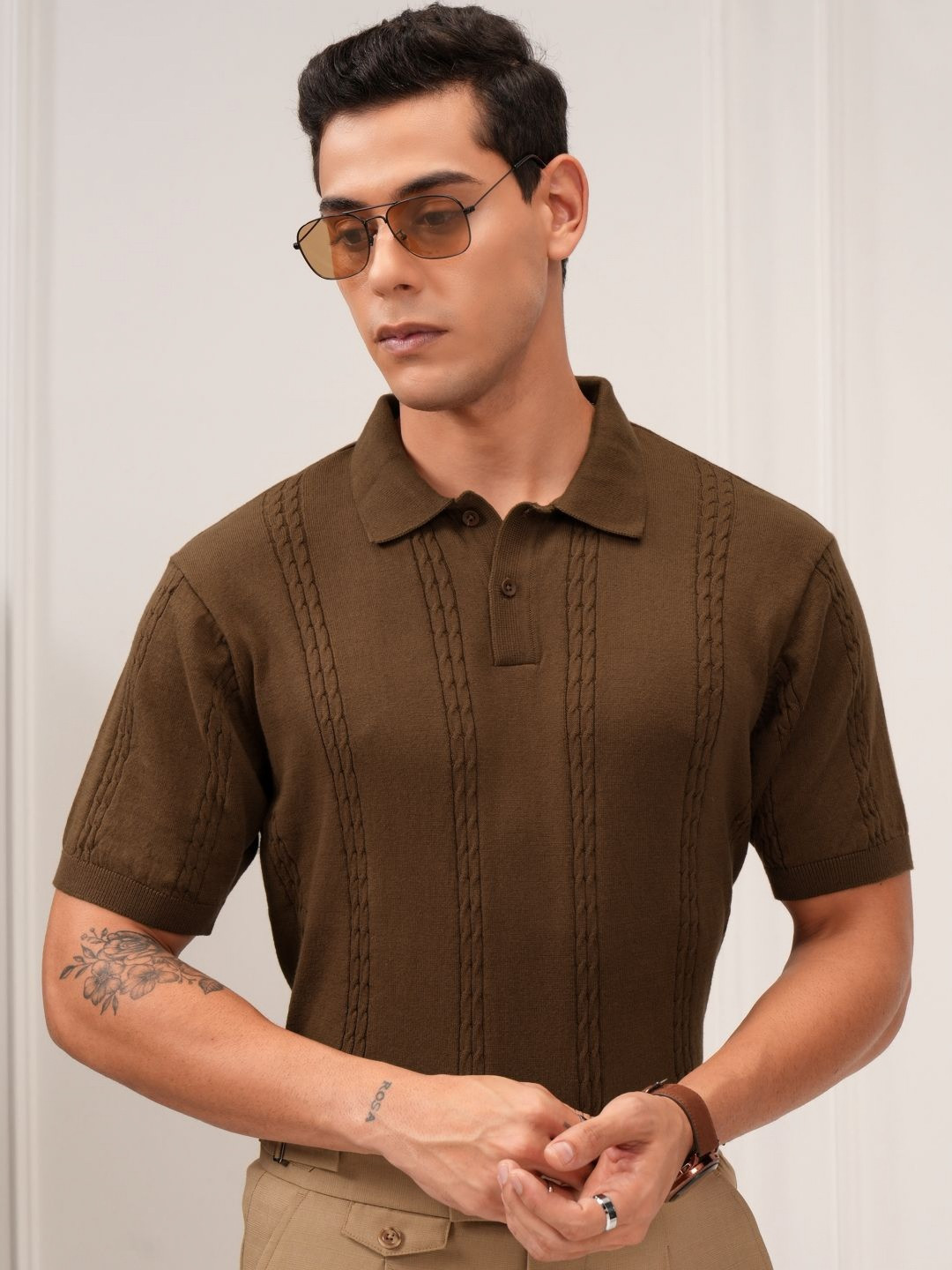 Highlaner Mens  Knitted Textured Relaxed Fit Polo Collar T-Shirt