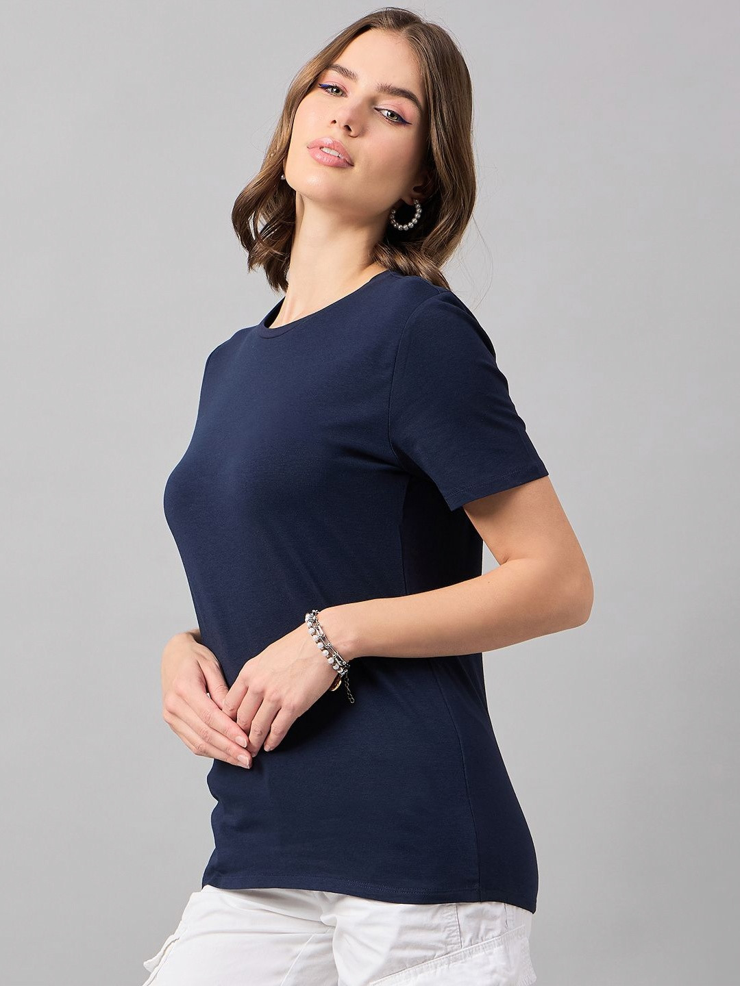 98 Degree North Women Drop-Shoulder Sleeves Pure Cotton Raw Edge Slim Fit T-shirt