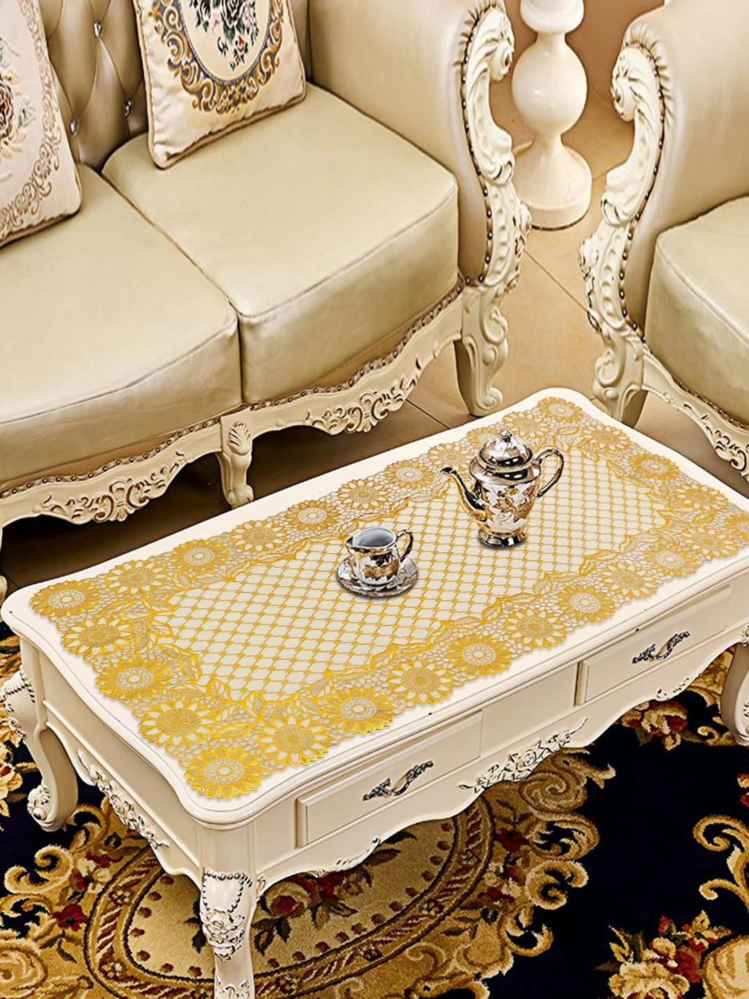 LooMantha Yellow Self Design Table Runners