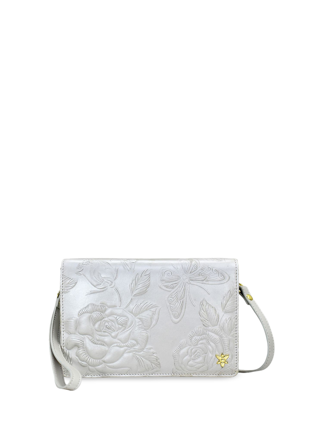 Anuschka Women Tooled Rose Pearl White Hand Painted Leather 4 in 1 Organizer Crossbody