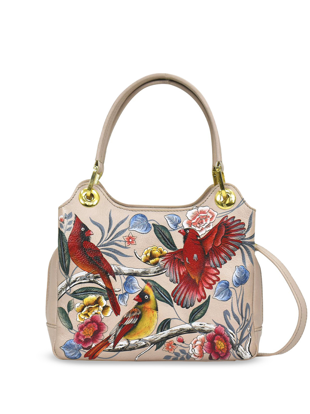 Anuschka Women Cardinal Family Hand painted Leather Satchel With Crossbody Strap