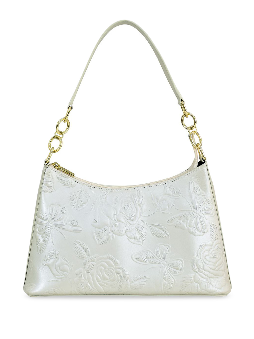 Anuschka Women Tooled Rose Pearl White Handpainted Leather Shoulder Hobo