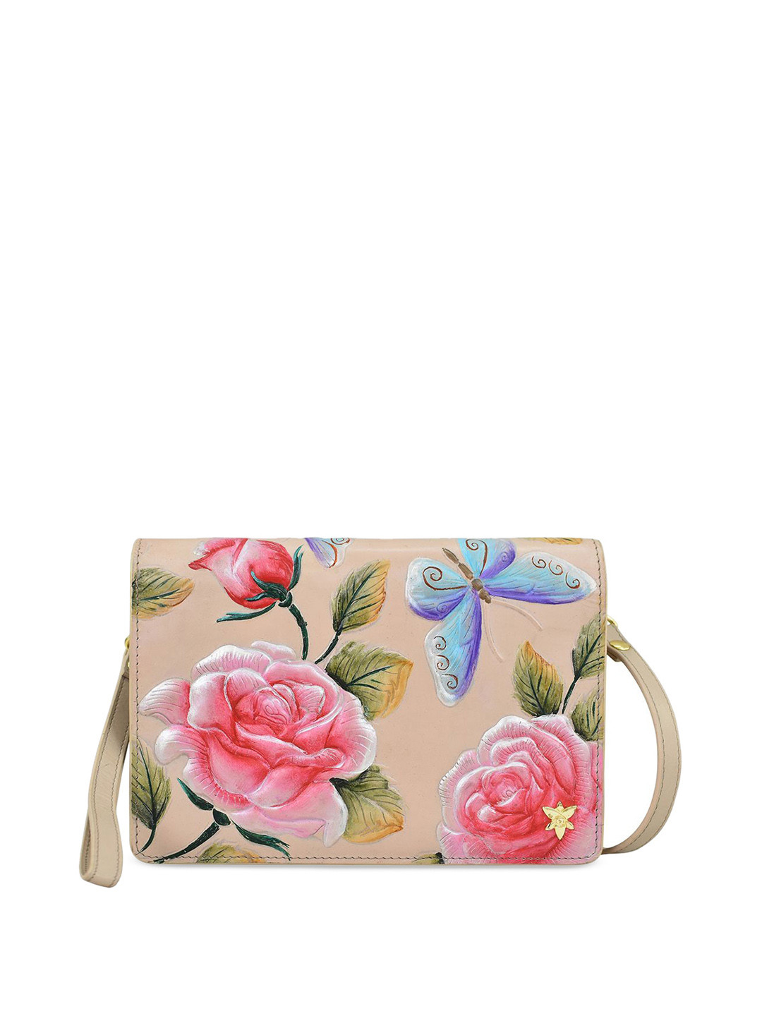 Anuschka Women Tooled Rose Almond Hand Painted Leather 4 in 1 Organizer Crossbody