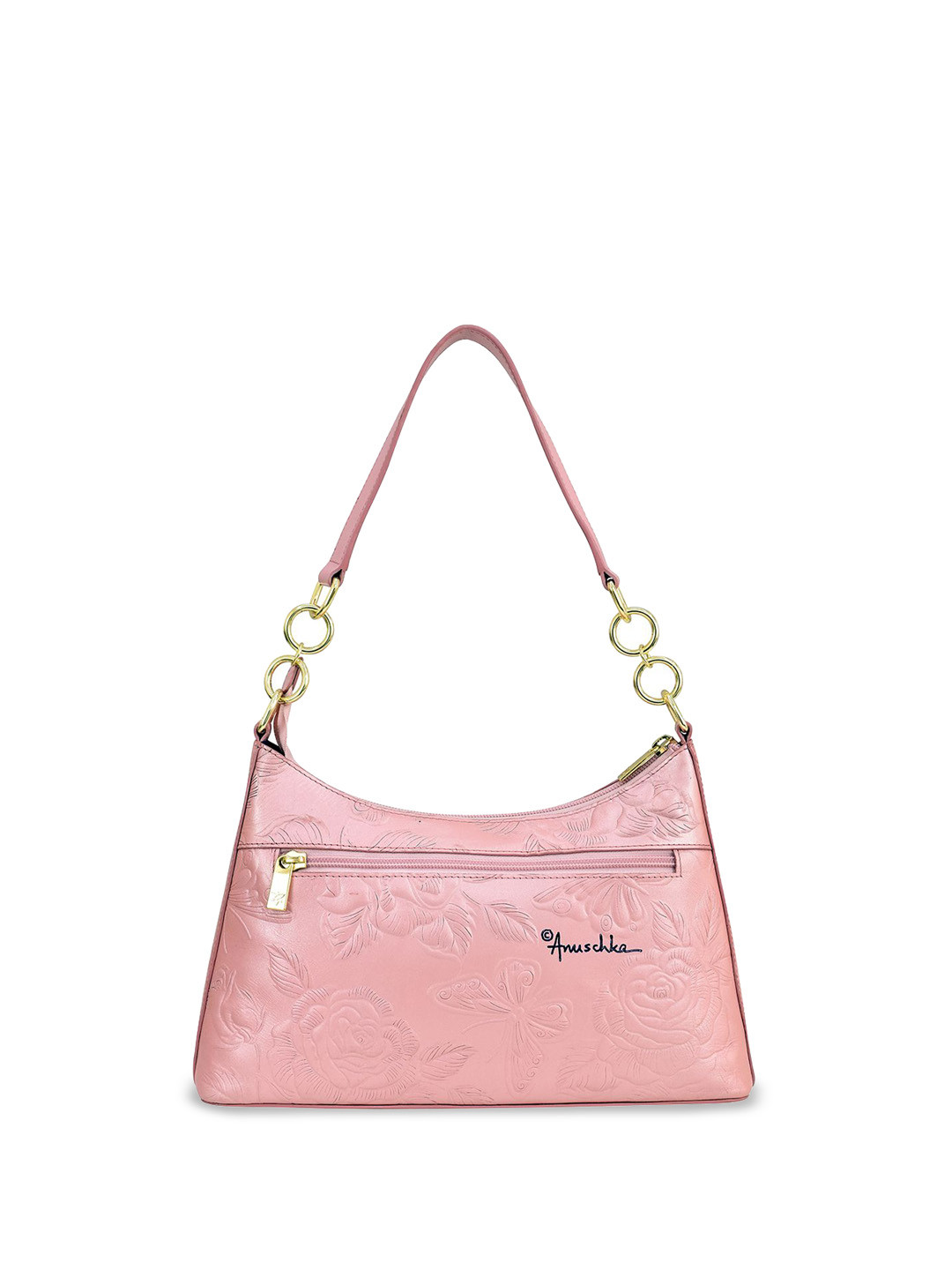 Anuschka Women Tooled Rose Pearl Pink Hand painted Leather Shoulder Hobo