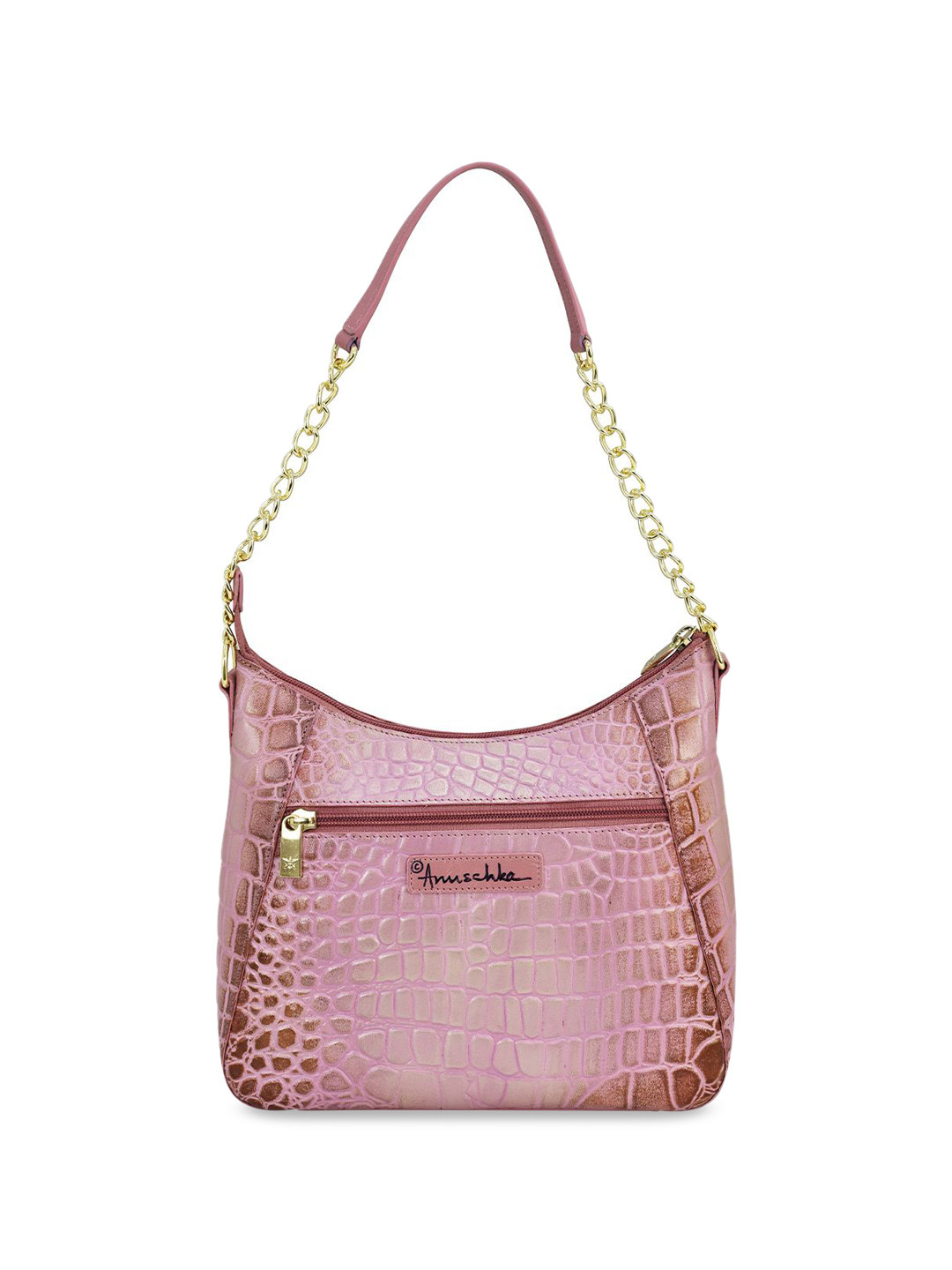 Anuschka Women Croc Embossed Blush Gold Hand painted Leather Oversized Shoulder Hobo