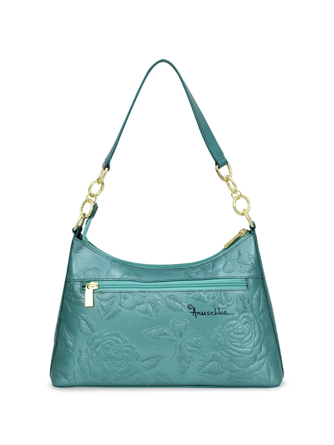 Anuschka Women's Tooled Rose Teal Handpainted Leather Shoulder Hobo