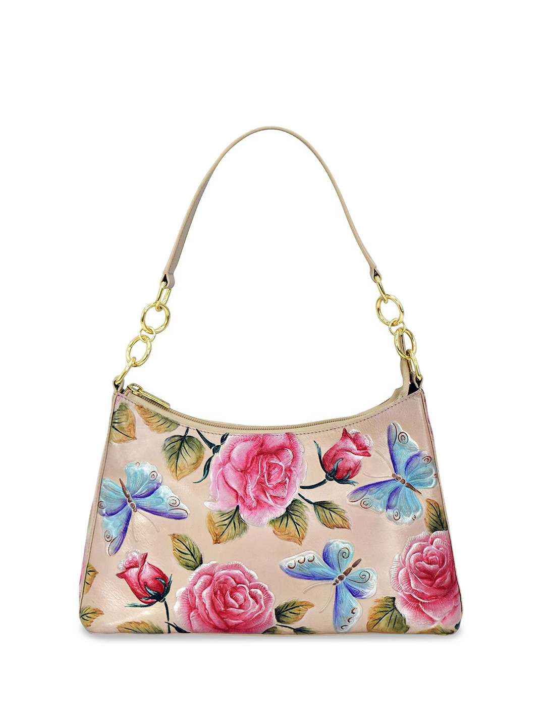 Anuschka Women's Tooled Rose Almond Handpainted Leather Shoulder Hobo