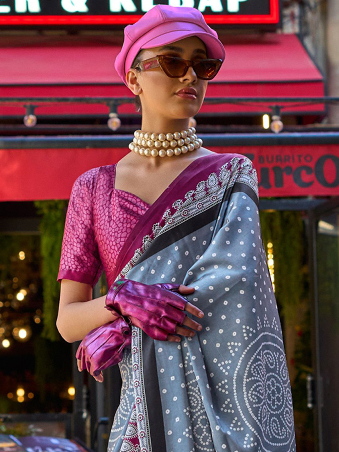 Mitera Bandhani Satin Block Print Saree