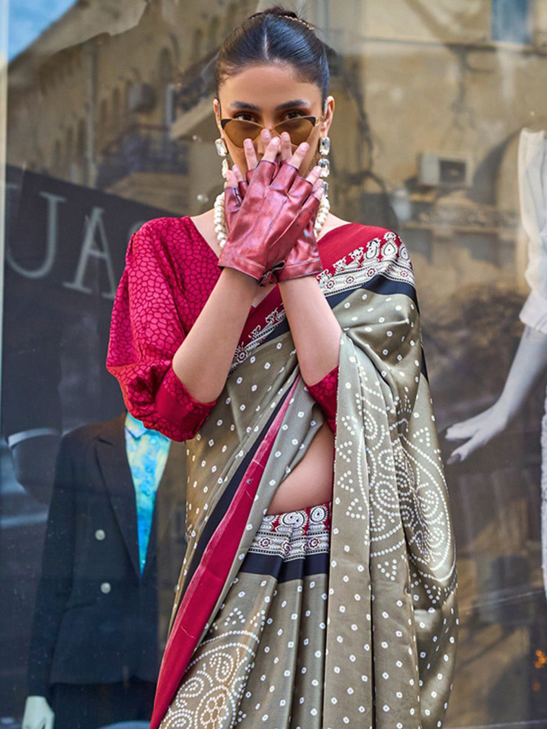 Mitera Bandhani Satin Block Print Saree