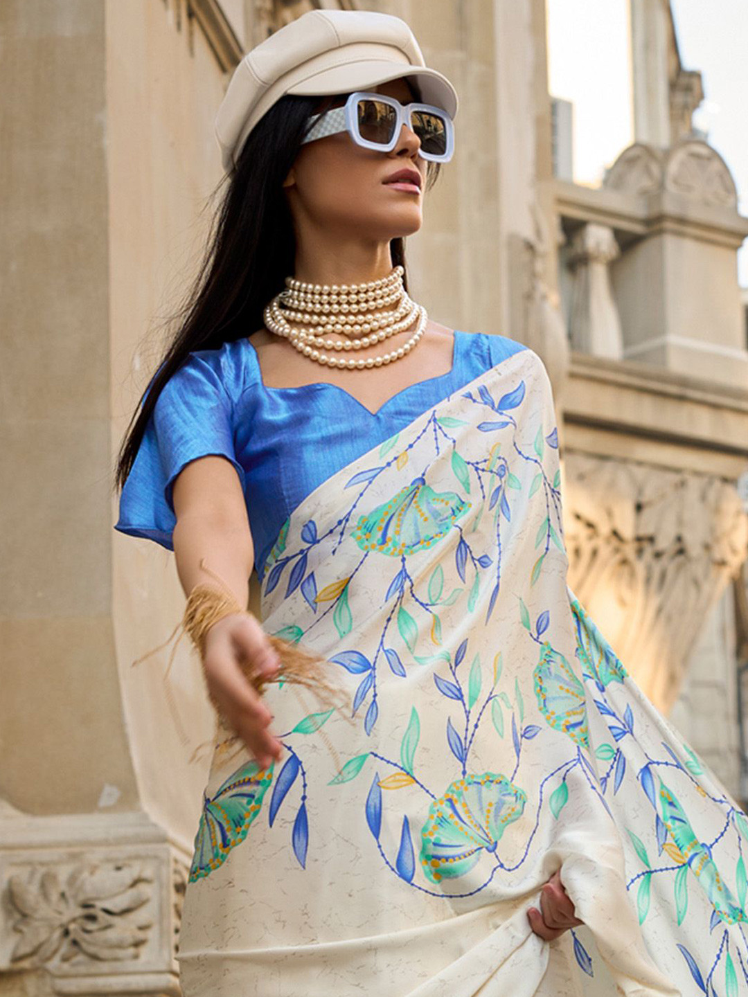Mitera Floral Satin Block Print Saree
