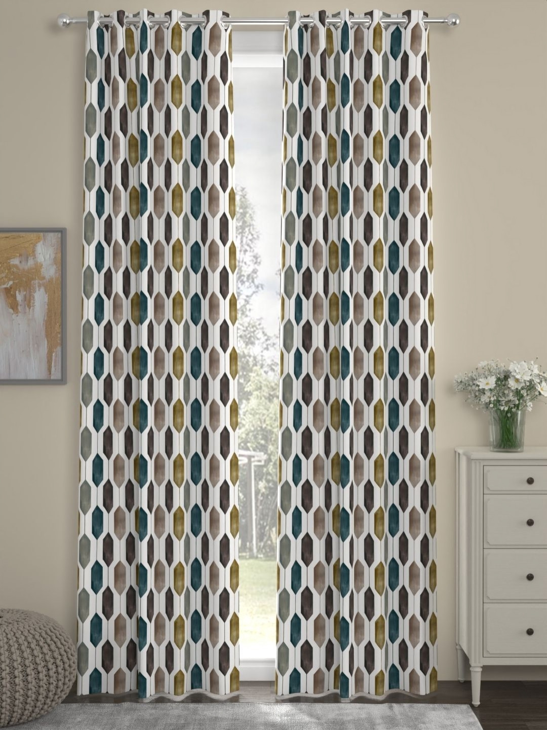 Myntra Elegant Homes Brown & Teal Set of 2 Geometric Long Door Curtain