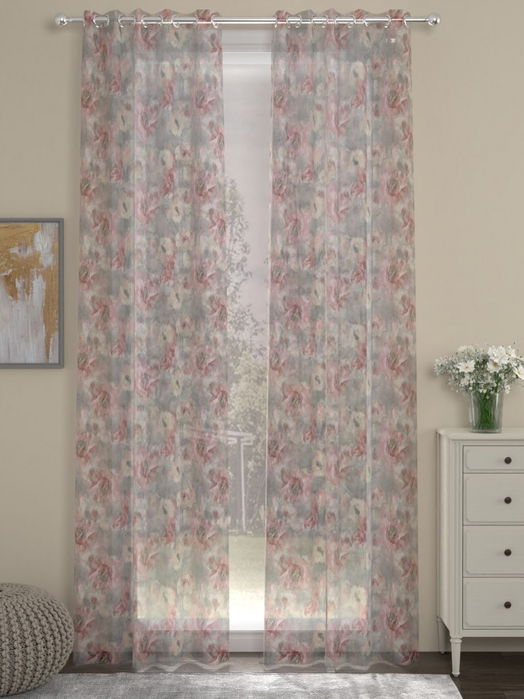 Myntra Elegant Homes Pink & Beige Set of 2 Floral Sheer Door Curtain