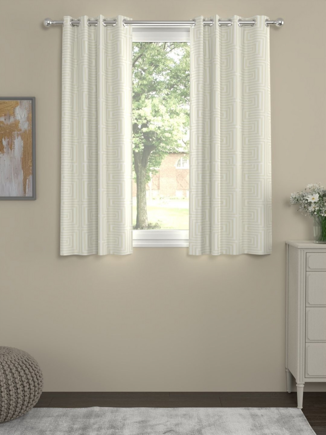 Myntra Elegant Homes Off White & Beige Set of 2 Geometric Window Curtain