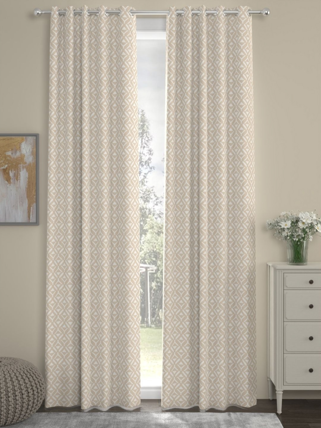 Myntra Elegant Homes Beige & White Set of 2 Geometric Long Door Curtain