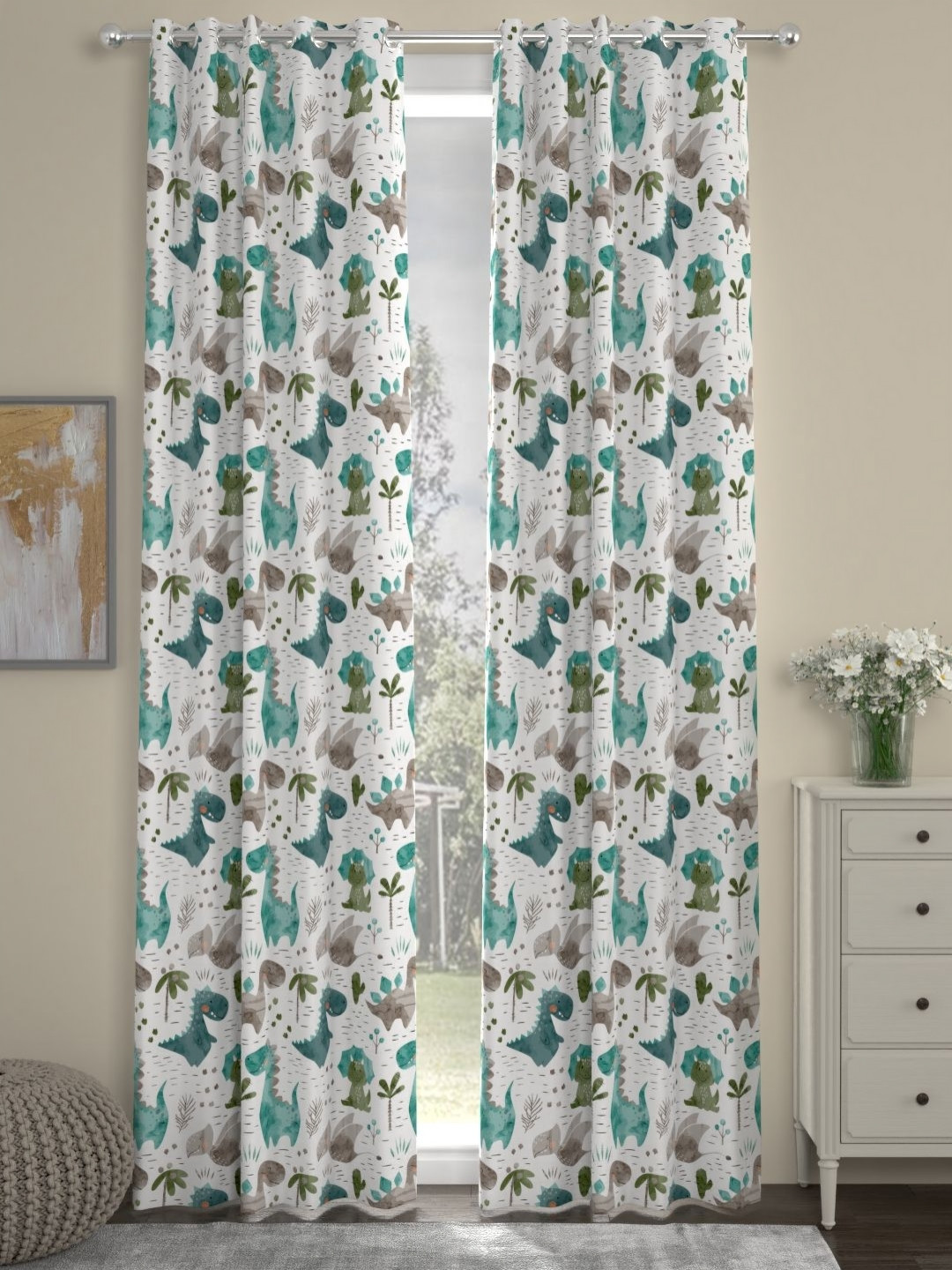 Myntra Elegant Homes White & Teal Set of 2 Quirky Long Door Curtain