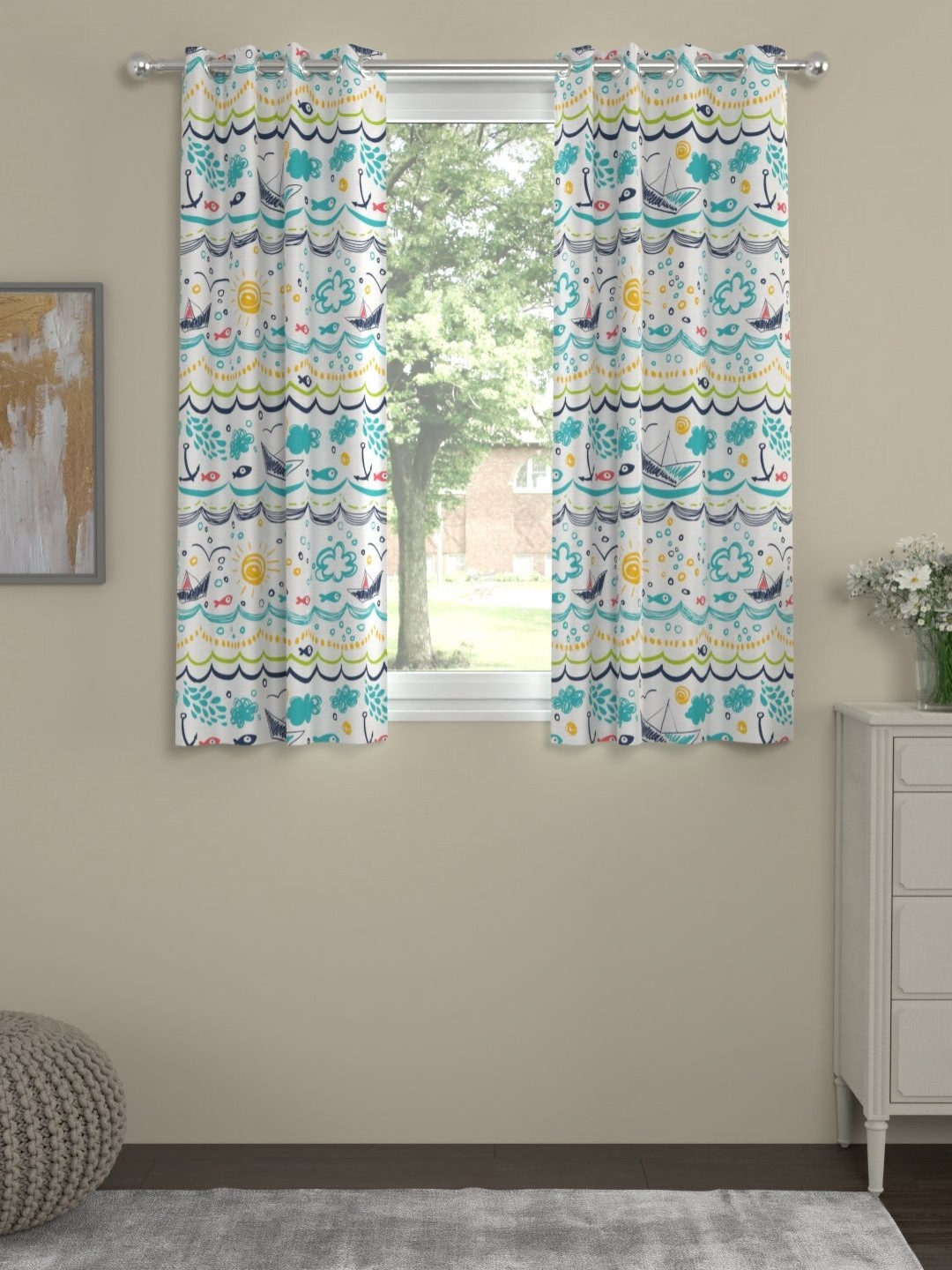 Myntra Elegant Homes Blue & White Set of 2 Quirky Window Curtain