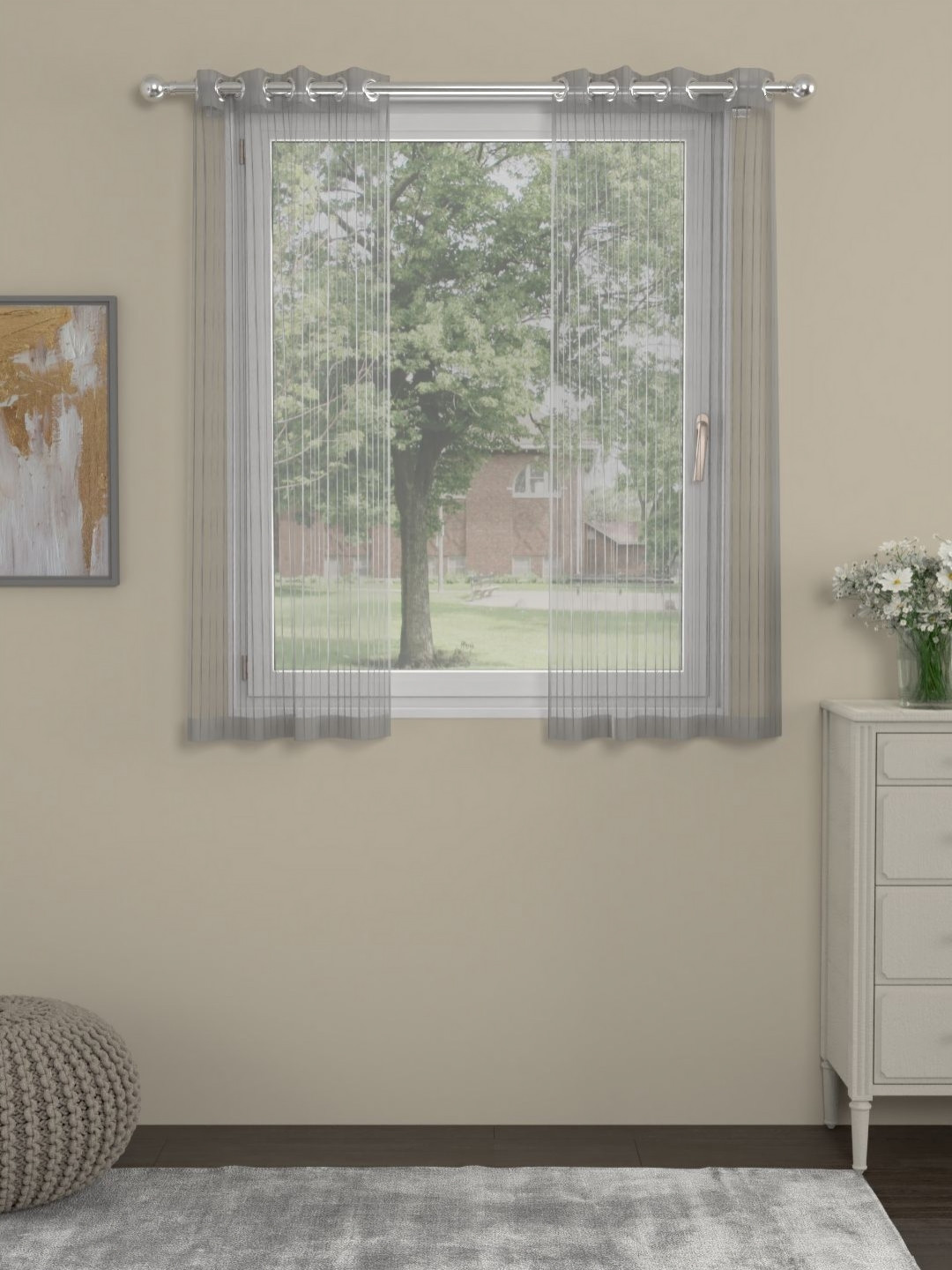 Myntra Elegant Homes Grey & Transparent Set of 2 Striped Sheer Window Curtain