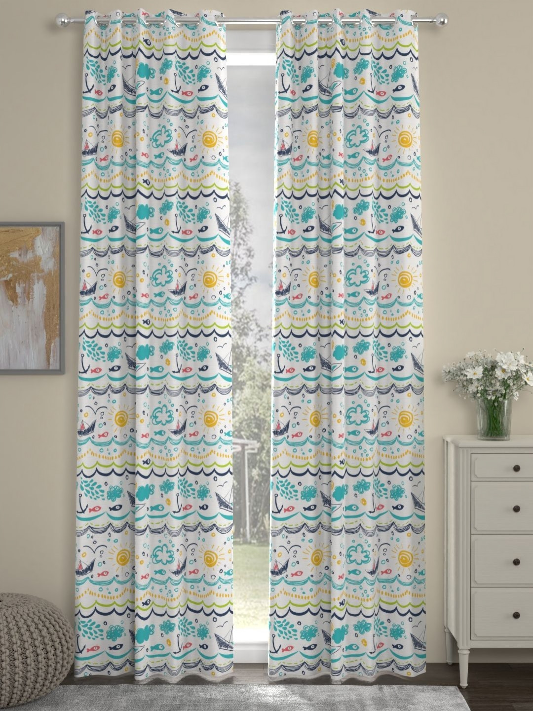 Myntra Elegant Homes Blue & White Set of 2 Quirky Door Curtain