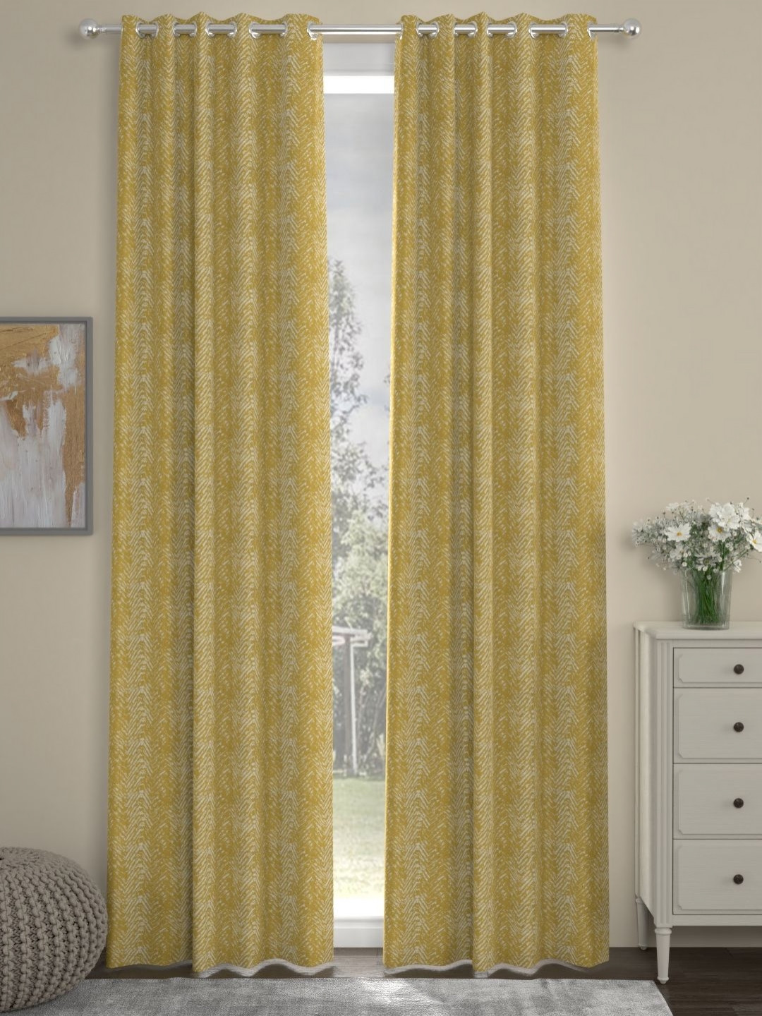 Myntra Elegant Homes Mustard & White Set of 2 Long Door Curtain