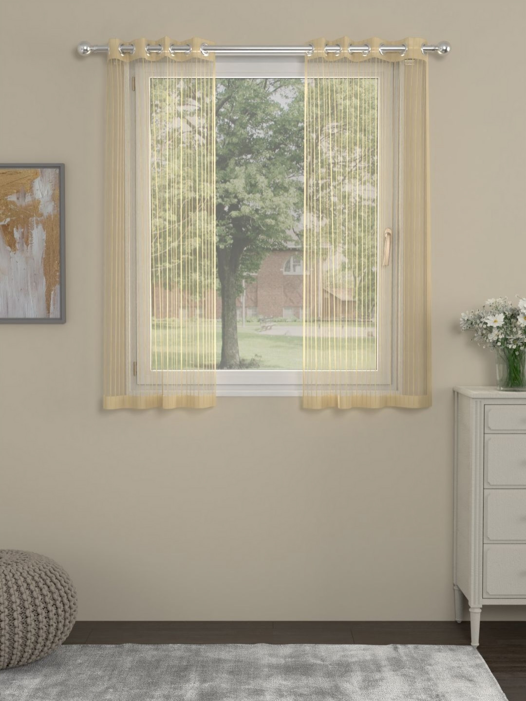 Myntra Elegant Homes Gold-Toned Set of 2 Striped Sheer Window