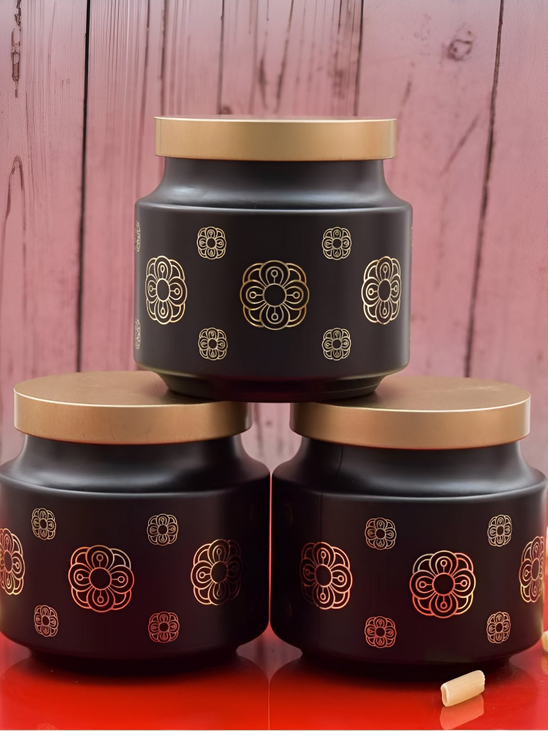 Tyche Enterprises Black Floral Glass Dishwasher Safe 3 Piece Flip Top Canister-600ml