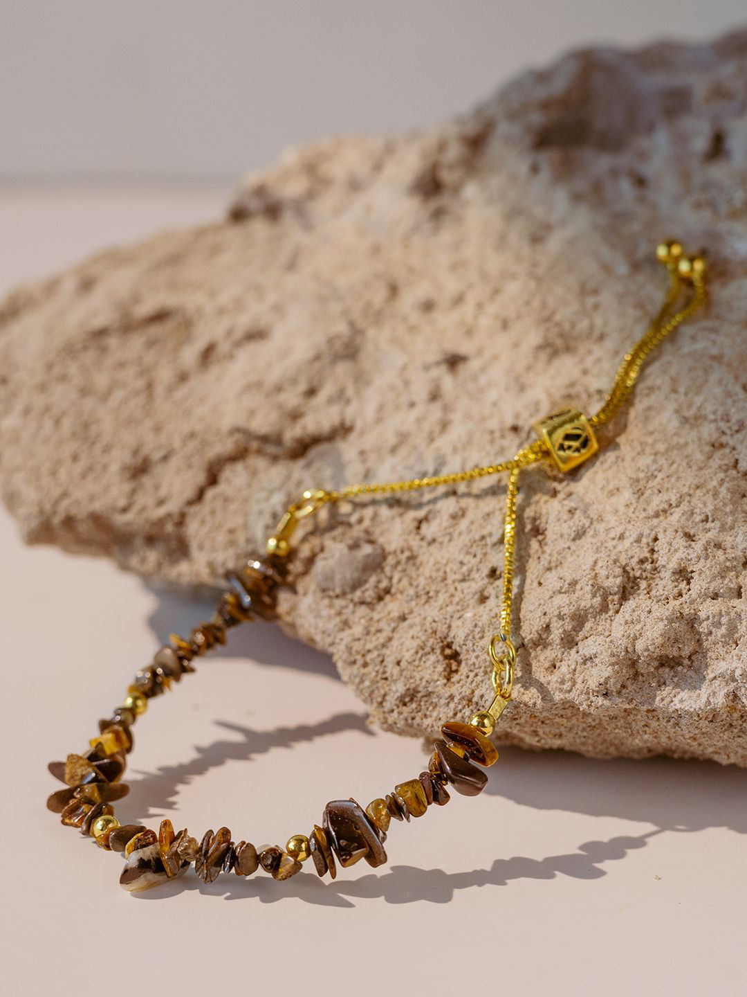 Stone Story By Shruti Women Sterling Silver Tigers Eye Gold-Plated Link Bracelet