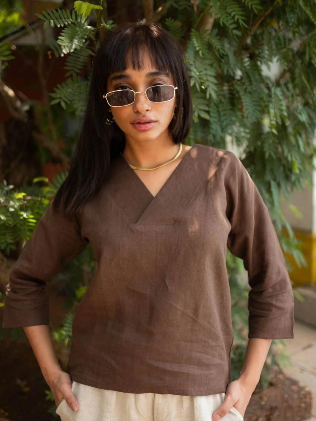 Creatures of Habit Women Linen V Neck Top