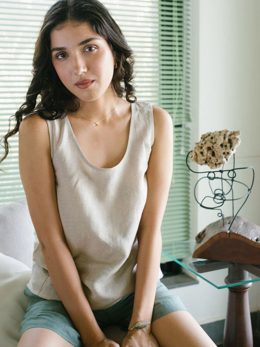 Creatures of Habit Women Linen Round Neck Tank Top