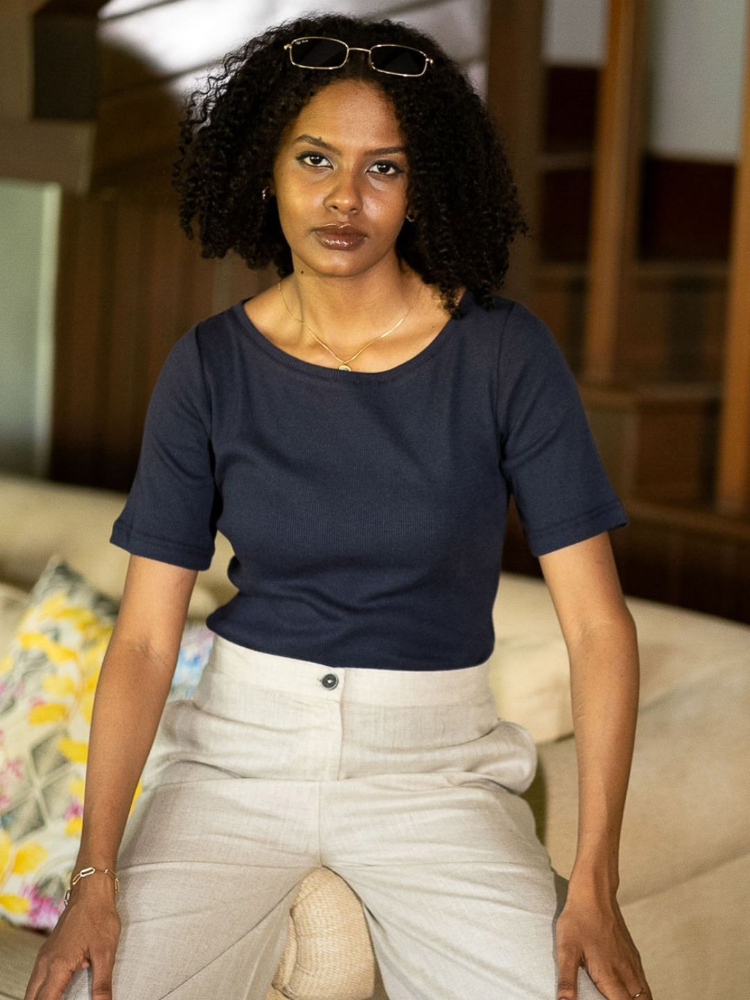 Creatures of Habit Women Rib Boat Neck Short Sleeve Top