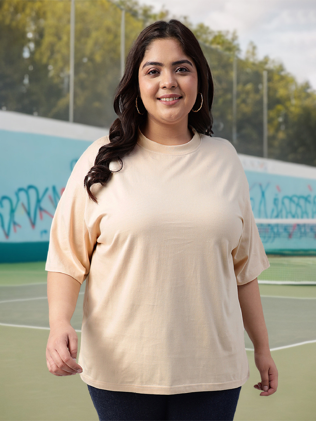 JUNEBERRY Women Beige Solid Round Neck Relaxed Fit Pure Cotton Oversized Plus Size T-Shirt