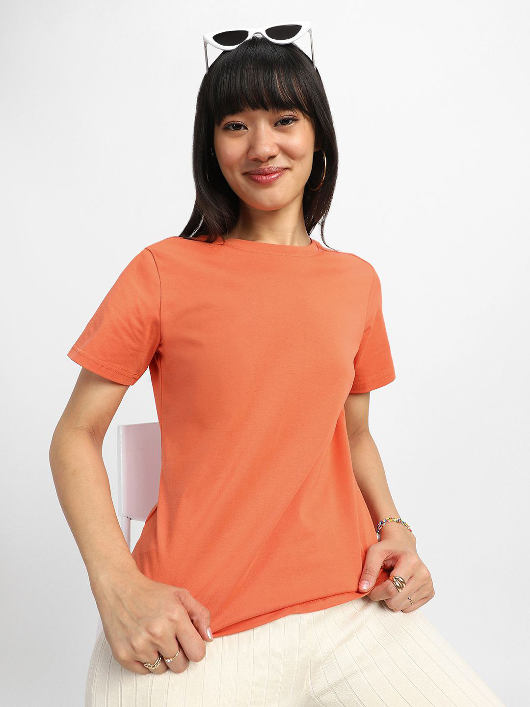 JUNEBERRY Women Orange Solid Round Neck Regular Fit Pure Cotton Full Sleeve T-shirt