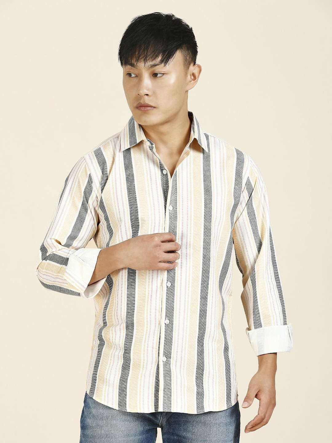 TRYBUY.IN Men Standard Spread Collar Vertical Striped Cotton Casual Shirt