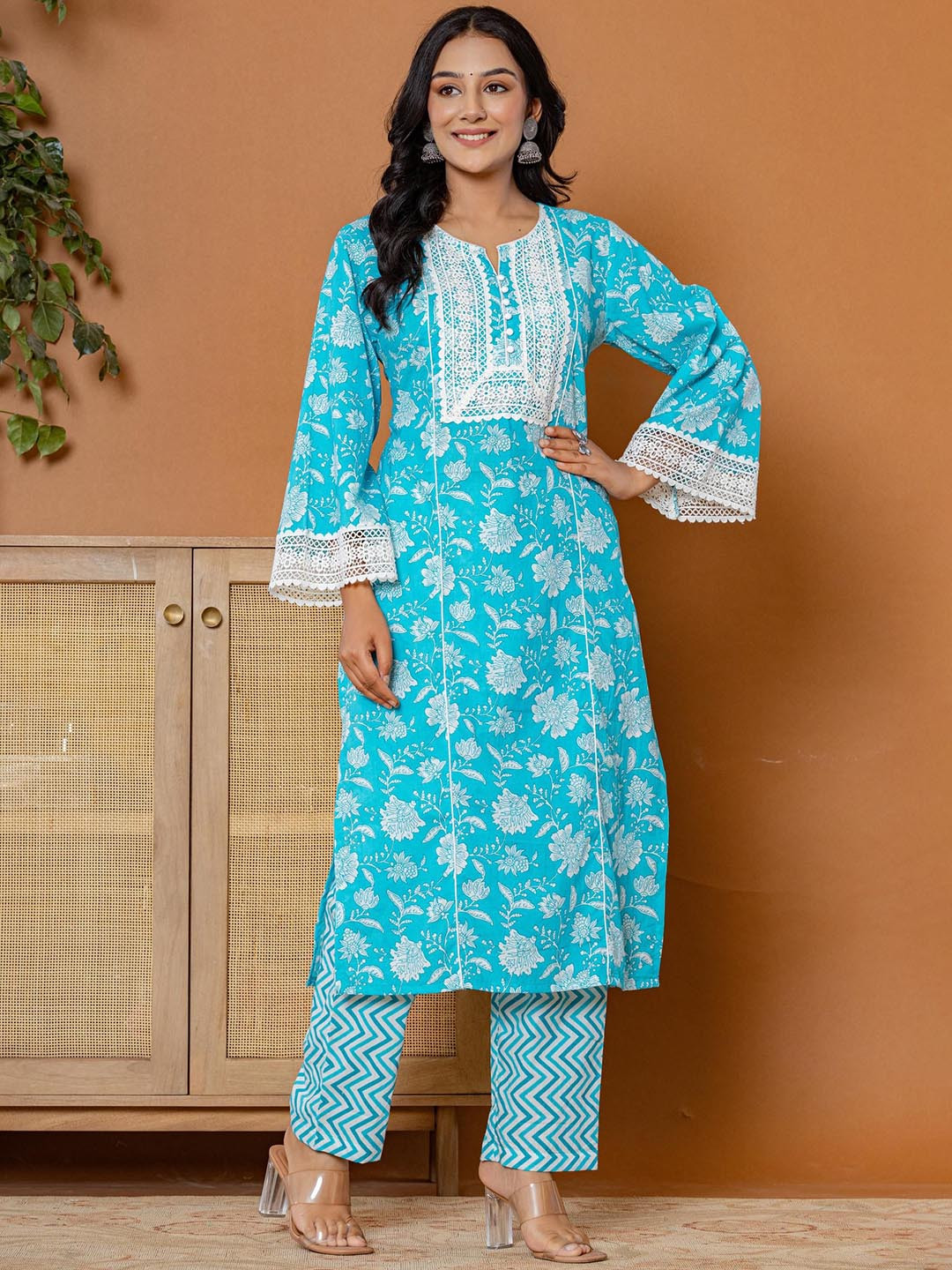Rouhab Blue Radiance Floral Printed Thread Work Pure Cotton Straight Kurta with Trousers