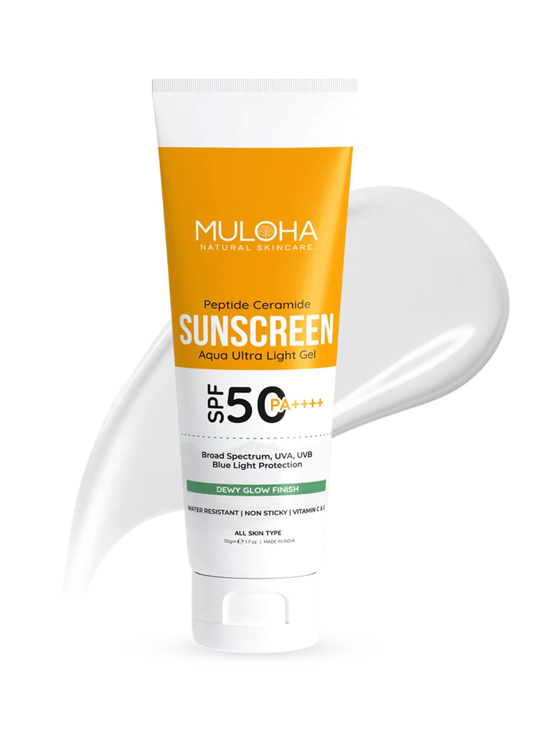 MULOHA Aqua Gel No White Cast SPF 50 PA++++ Sunscreen with Niacinamide, Vitamin C+E -50gm