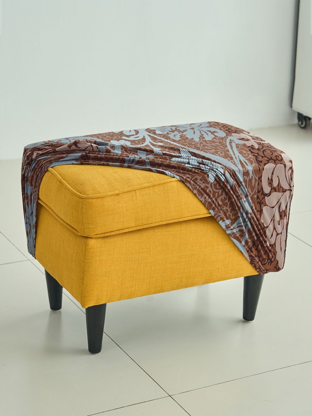 HOKIPO Brown Printed 140 GSM Stretchable Ottoman Slipcover