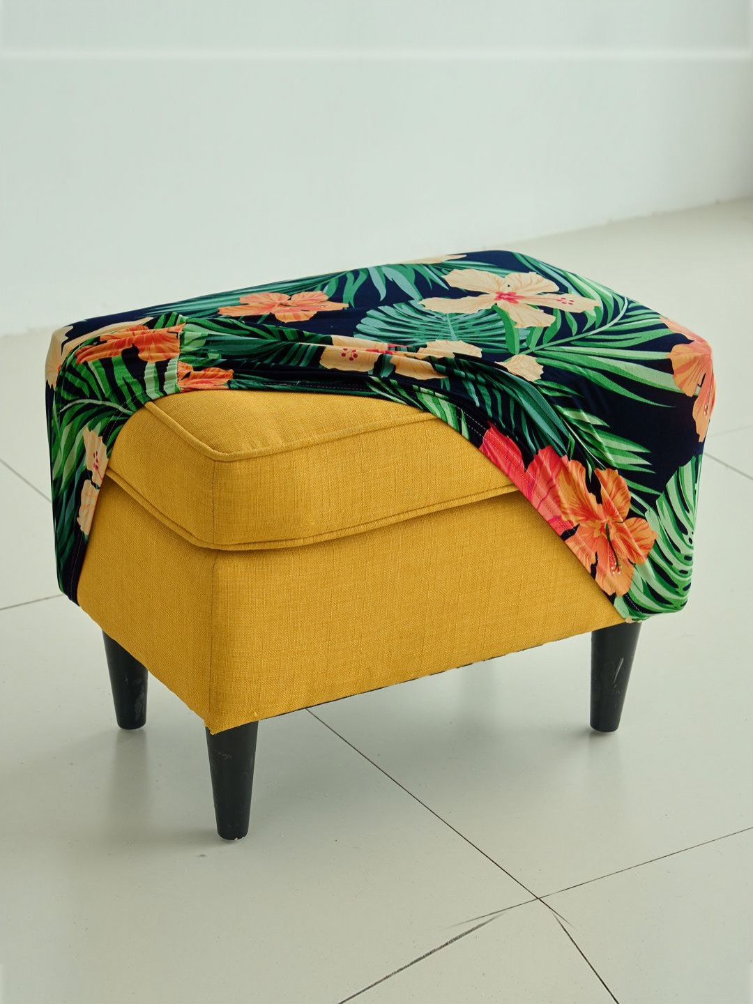HOKIPO Green & Black Printed 140 GSM Footstool Ottoman Slipcover