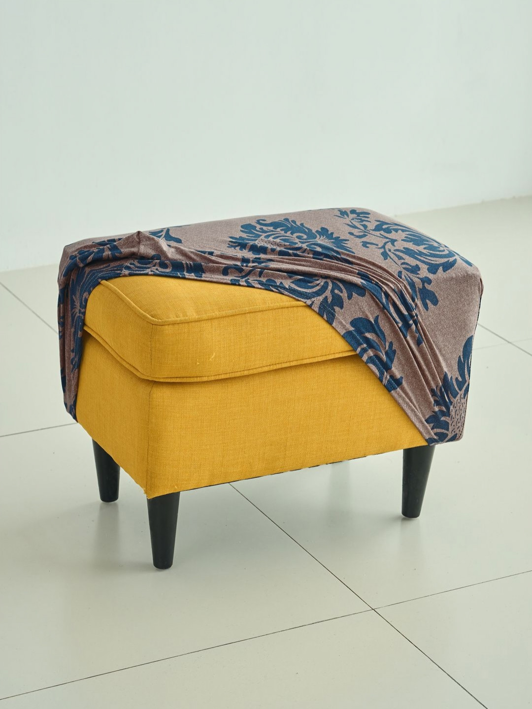 HOKIPO Beige & Blue Printed 140 GSM Removable Footstool Ottoman Slipcover