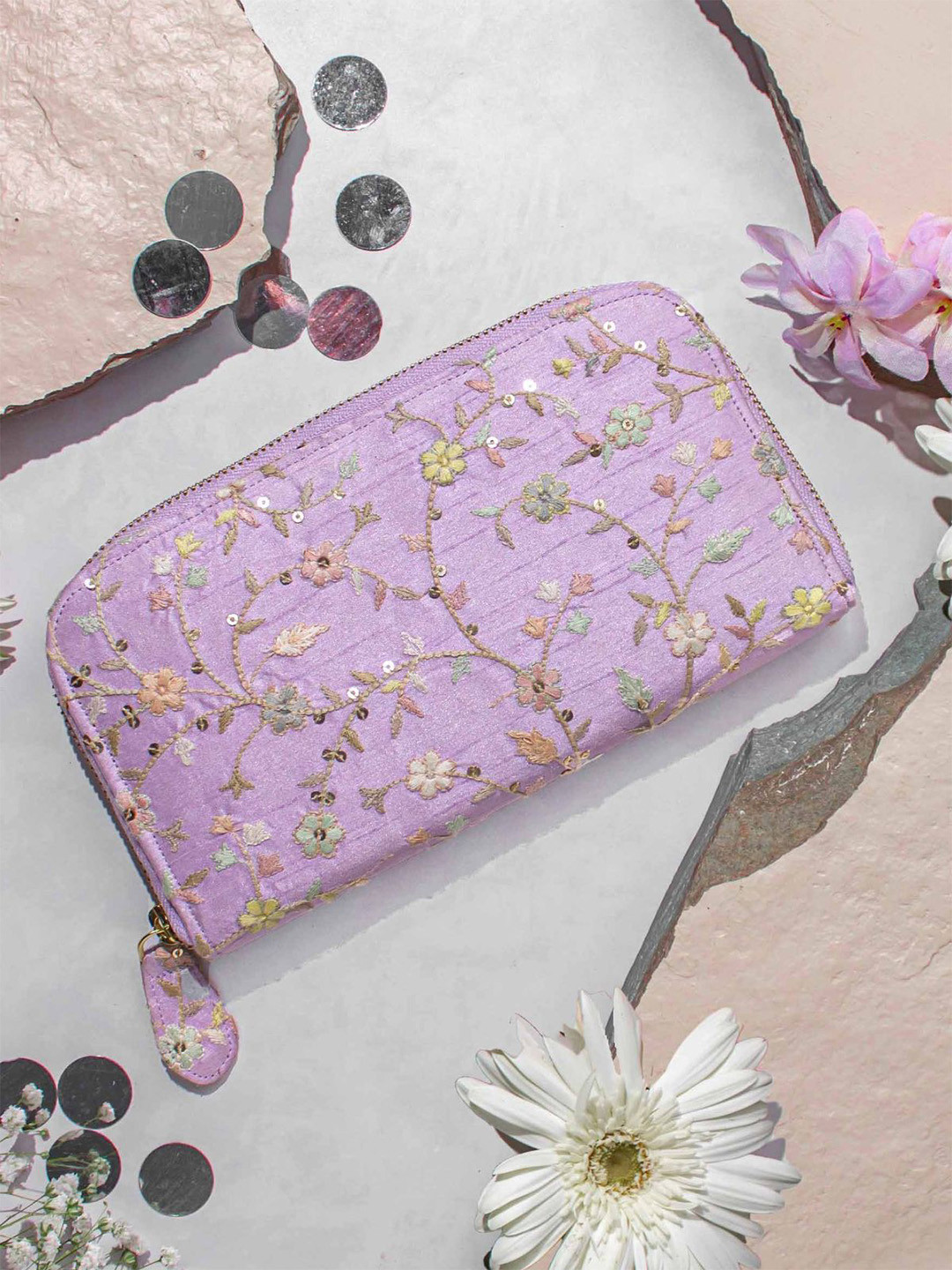 AMYRA Women Woven Design Floral Embroidered Zip Closure Wallet