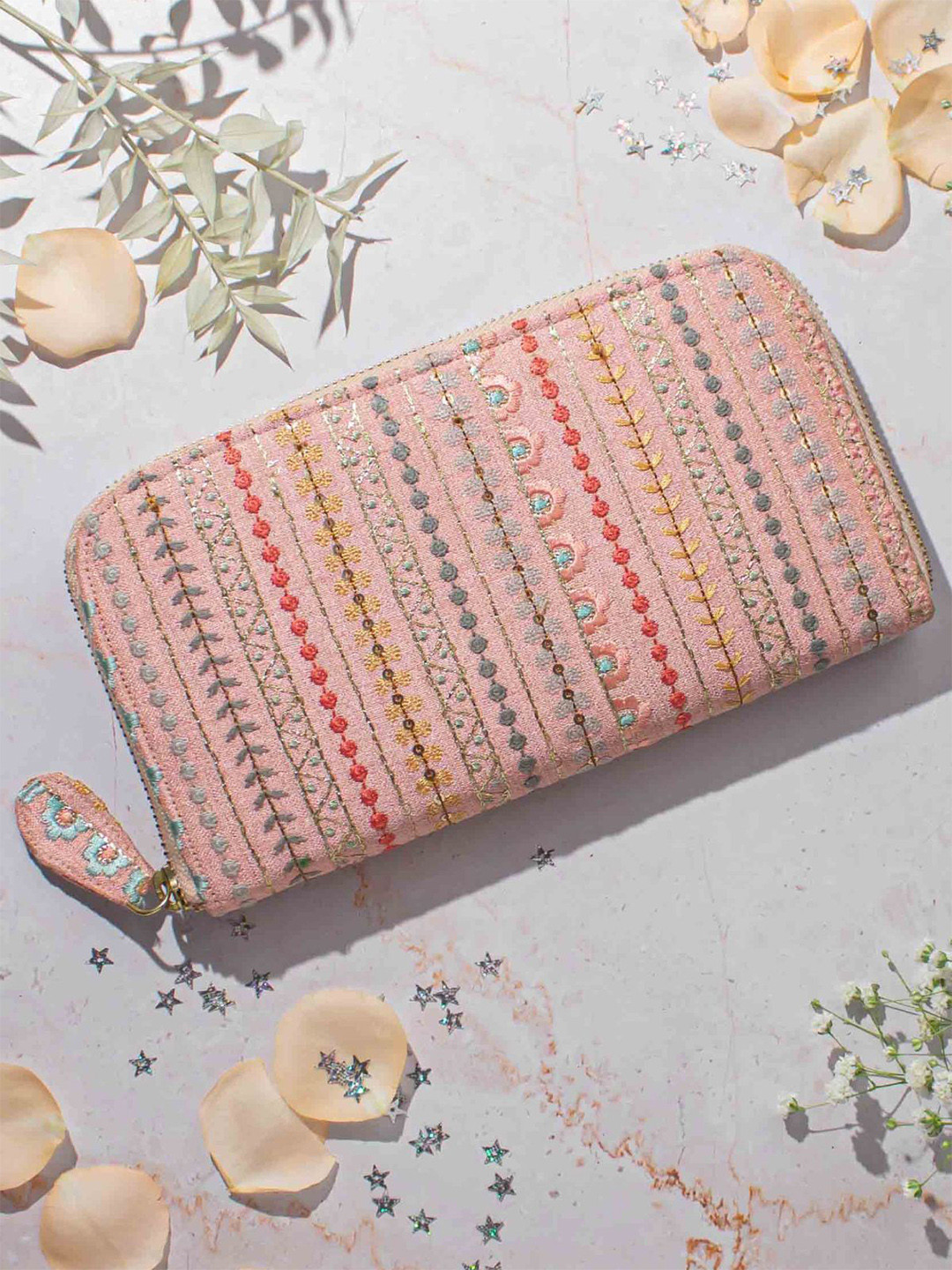 AMYRA Women Woven Design Floral Embroidered Zip Closure Wallet