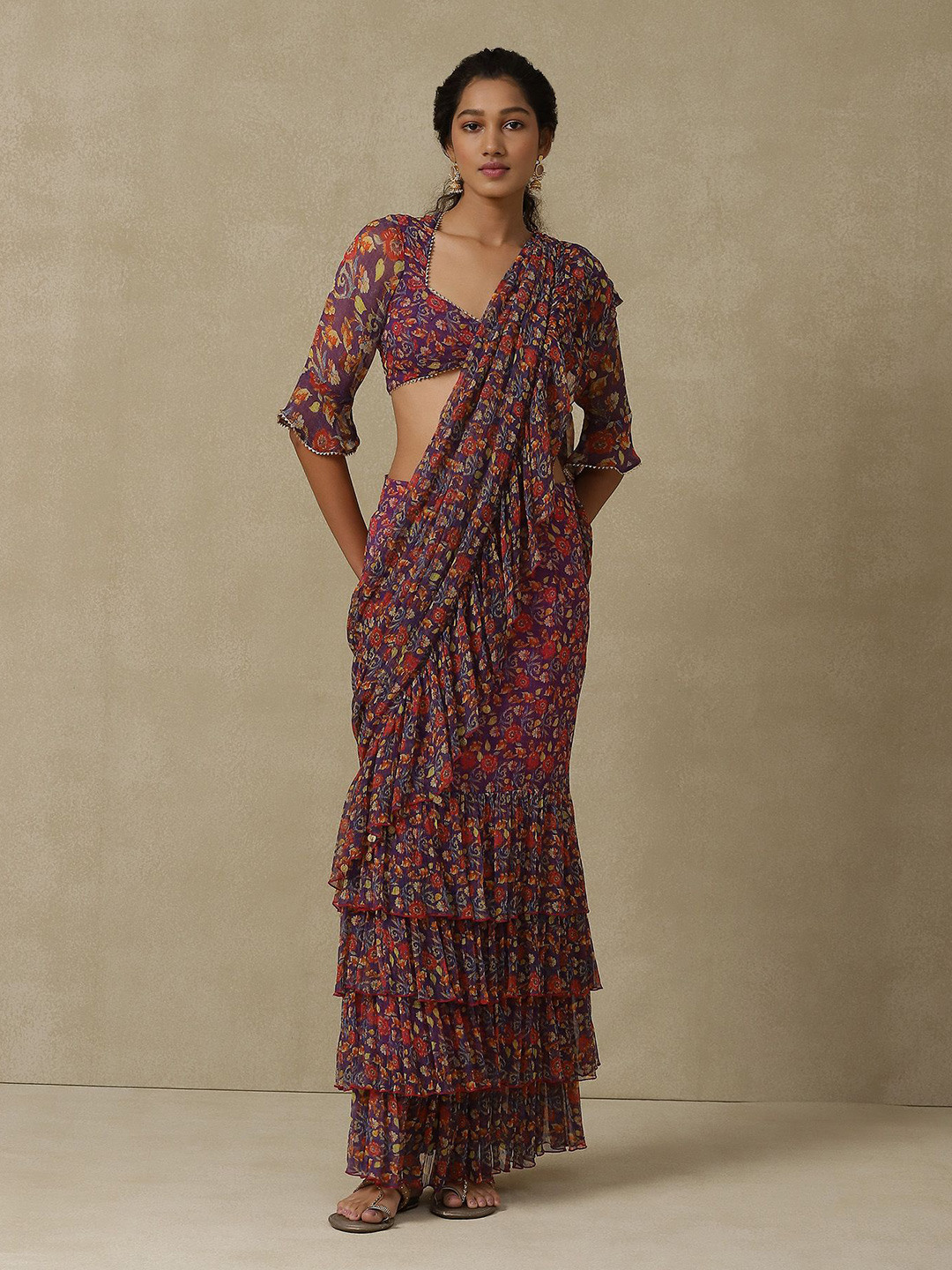 aarke Ritu Kumar Ethnic Motif Ruffle Layered Ready to Wear Saree