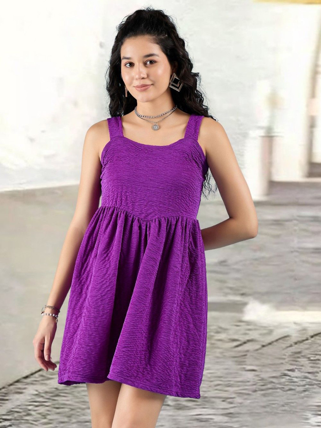 DressBerry Fit & Flare Self Design Crush Strap Dress